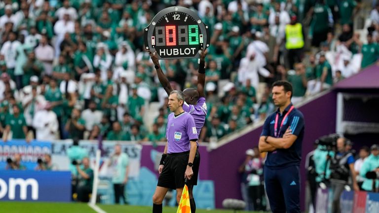 The referee assistant shows 8 minutes overtime during the World Cup group C soccer match between Argentina and Saudi Arabia at the Lusail Stadium in Lusail, Qatar
Pic:AP