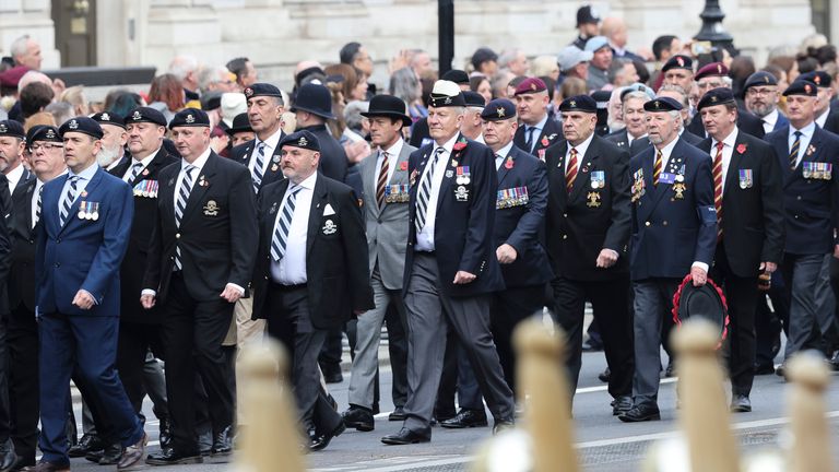 Veterans attend a Memorial Sunday service at the Cenotaph on Whitehall in London, Sunday, November 13, 2022. (Chris Jackson/Pool via AP)