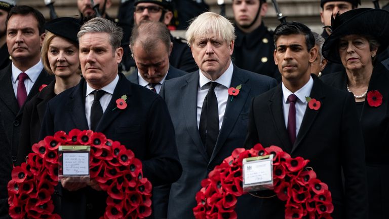 Rishi Sunak laid a wreath at the Cenotaph for Remembrance Sunday, with former PMs and Sir Keir Starmer present
