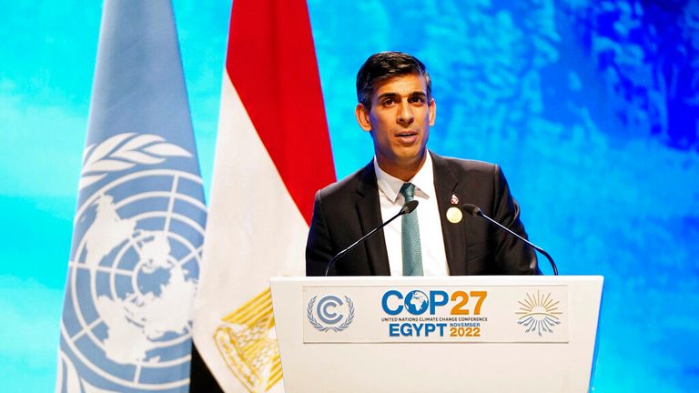 Britain&#39;s Prime Minister Rishi Sunak addresses delegates during the COP27 climate summit in Sharm el-Sheikh, Egypt, Monday, Nov. 7, 2022. Nearly 50 heads of states or governments on Monday have taken the stage the first day of ...high-level... international climate talks. (Stefan Rousseau/Pool via AP)