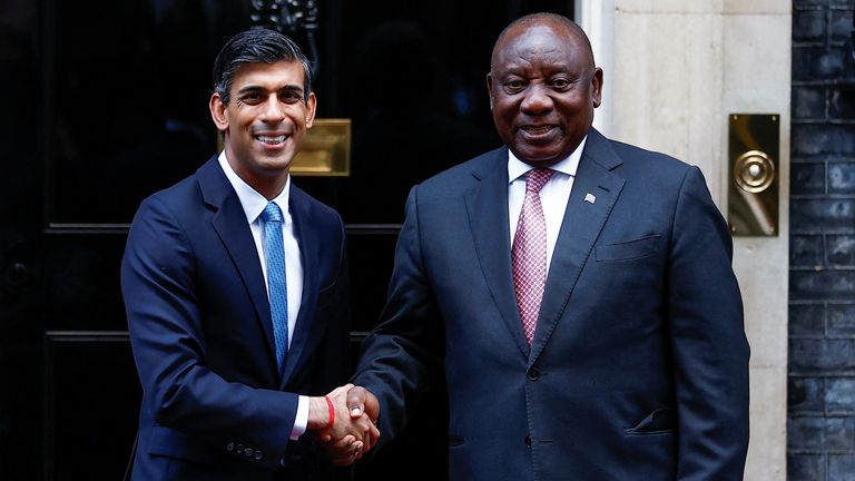 Rishi Sunak meets South African President Cyril Ramaphosa on Downing Street during a state visit
