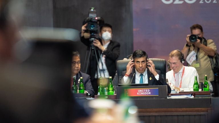 Rishi Sunak appeared to give Sergei Lavrov a stern stare as the Russian spoke at the G20. Pic: No 10