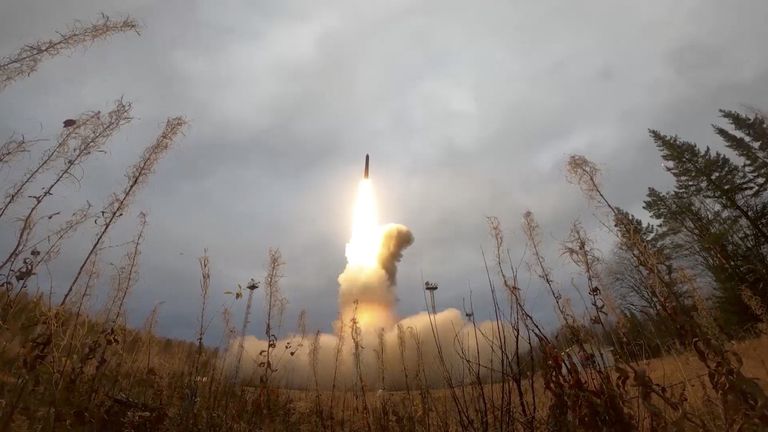 A still image from a video released by the Russian Defense Ministry shows Russia's Yars intercontinental ballistic missile being launched during an exercise organized by the country's strategic nuclear forces at Plesetsk Cosmodrome, Russia