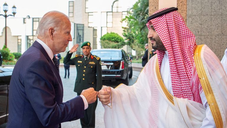 Saudi Crown Prince Mohammed bin Salman fist bumps US President Joe Biden