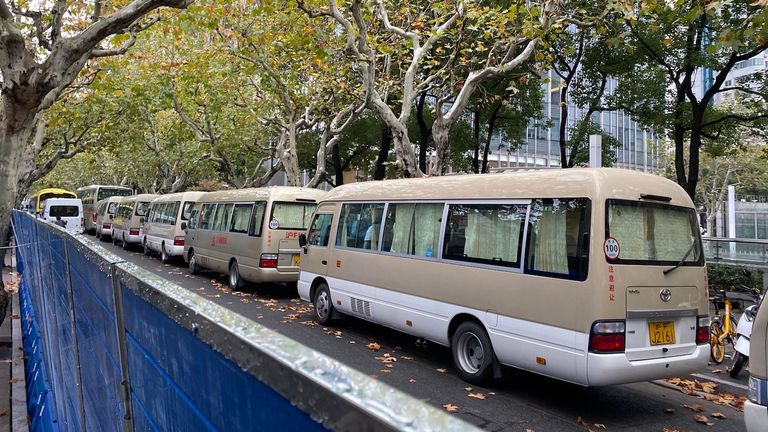 Buses parked close to the scene of last night&#39;s protests in Shanghai