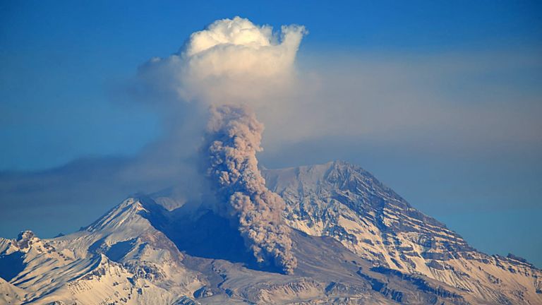 A view shows the Shiveluch volcano spewing volcanic ash and smoke, on the Kamchatka Peninsula, Russia