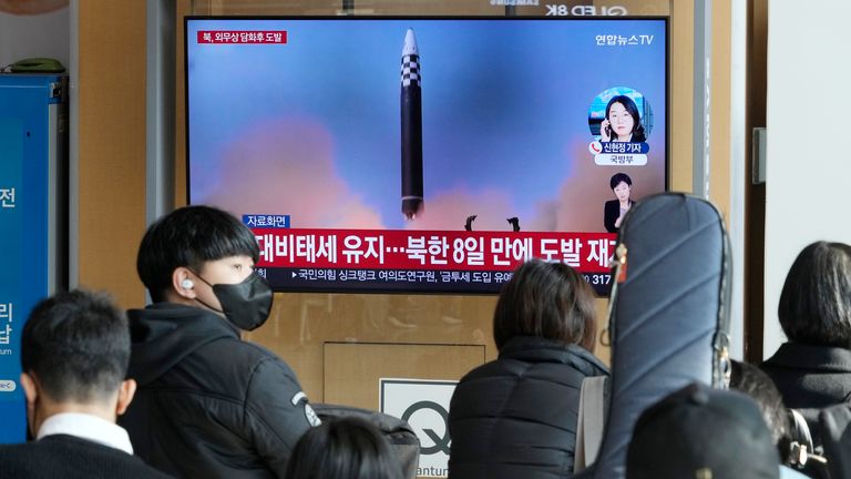 A TV screen shows a file image of North Korea&#39;s missile launch during a news program at the Seoul Railway Station in Seoul, South Korea, Thursday, Nov. 17, 2022. North Korea launched a ballistic missile toward its eastern waters on Thursday, South Korea&#39;s military said, hours after the North threatened to launch "fiercer" military responses to the U.S. bolstering its security commitment to its allies South Korea and Japan. (AP Photo/Ahn Young-joon)