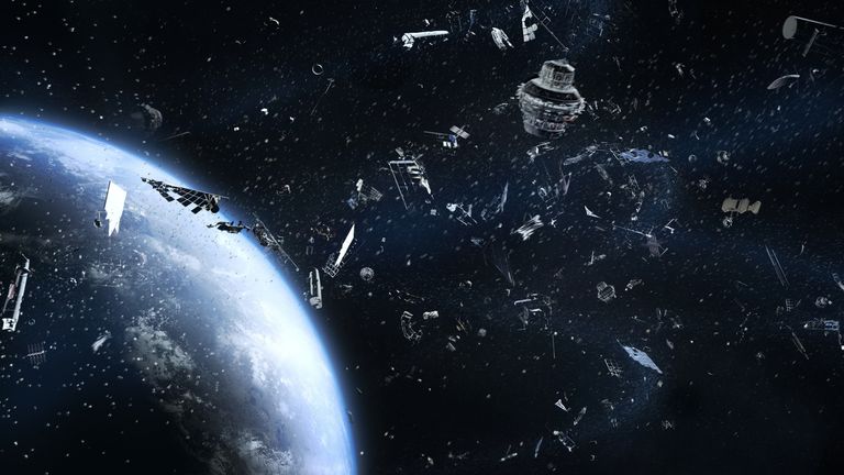 Galactic trash orbiting Earth stock photo