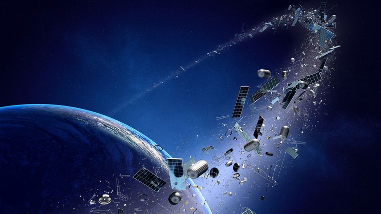 Space junk orbiting around earth - Conceptual of pollution around our planet (Texture map for 3d furnished by NASA -  http://visibleearth.nasa.gov/)