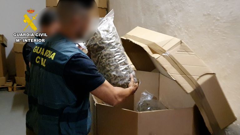 Spanish police said they had seized 32 tonnes of marijuana with a street value of at least 64 million euros. Pic: Guardia Civil