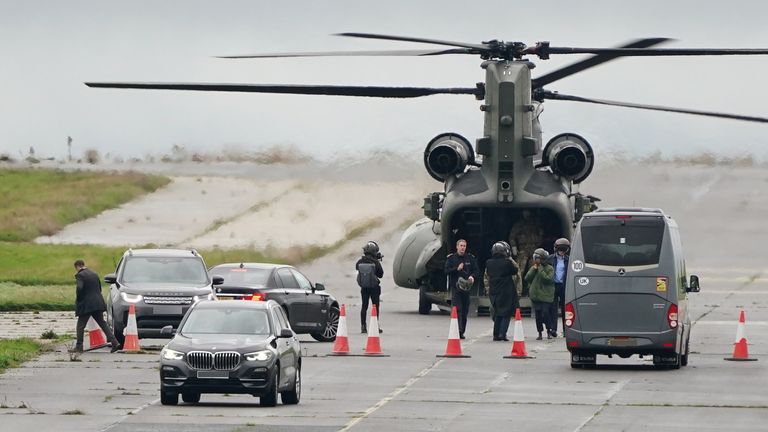 Home Secretary Suella Braverman arrives in a Chinook helicopter for a visit to the Manston immigration short-term holding facility located at the former Defence Fire Training and Development Centre in Thanet, Kent. Picture date: Thursday November 3, 2022.