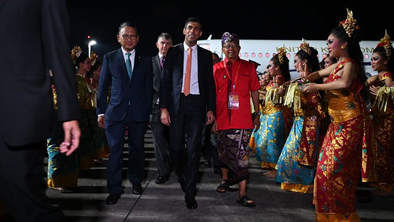 Prime Minister Rishi Sunak (centre) arrives at Ngurah Rai International Airport ahead of the G20 in Bali, Indonesia. Picture date: Monday November 14, 2022.