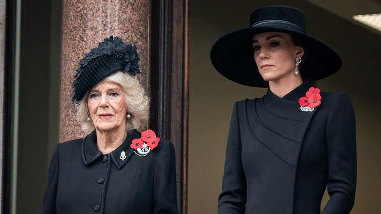 The Queen Consort and the Princess of Wales stand on a balcony at the Foreign, Commonwealth and Development Office (FCDO) on Whitehall, during the Remembrance Sunday service at the Cenotaph in London. Picture date: Sunday November 13, 2022.

