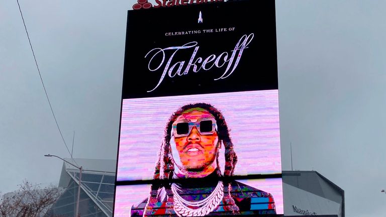 A sign announces the memorial service for slain rapper Takeoff at Atlanta&#39;s State Farm Arena on Friday, Nov. 11, 2022. He was a member of the hip-hop trio Migos. (AP Photo/Sudhin Thanawala)