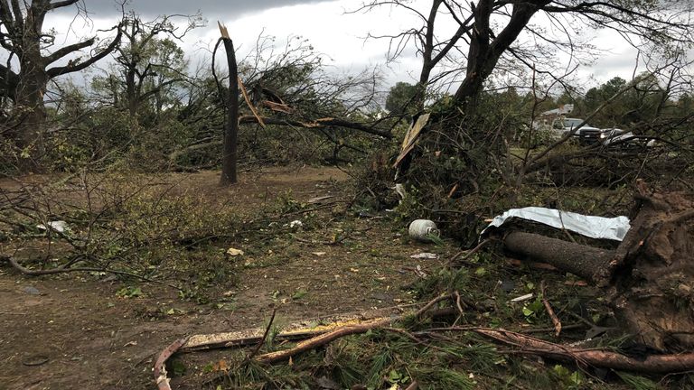 Destruction was visible in all directions along Lamar County Road 35940 west of State Route 271, as a massive tornado slammed into the area, causing widespread damage and destroying an unspecified number of homes, Friday, Nov. 11.  April 4, 2022, Podley, Texas.  (Jeff Forward/Paris News via The Associated Press)