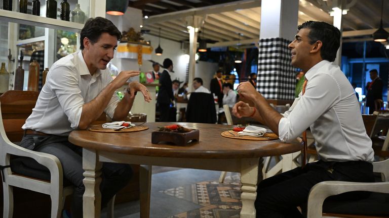Canada&#39;s Prime Minister Justin Trudeau and Prime Minister Rishi Sunak meet at the Art Cafe Bumbu Bali in Nusa Dua as they attend the G20 in Bali, Indonesia