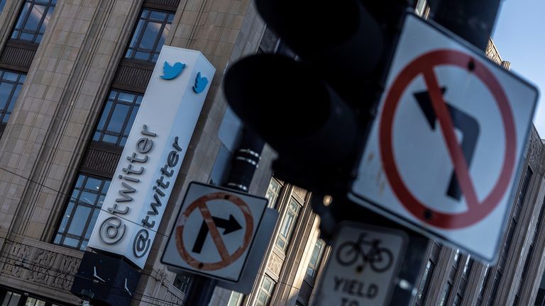 A view of the Twitter logo at its corporate headquarters in San Francisco, California, U.S. November 18, 2022. REUTERS/Carlos Barria