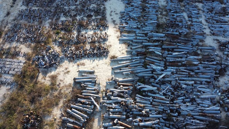 A view shows remains of MLRS and artillery shells, cruise and ballistic missiles used by Russian troops for military strikes of the city and collected by sappers in Kharkiv, Ukraine