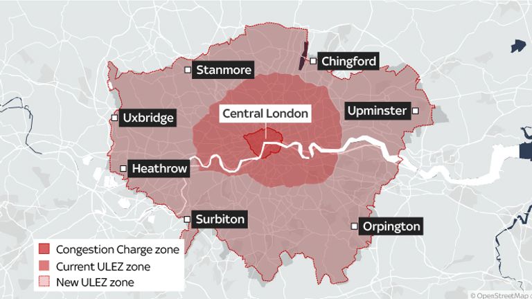 显示将于 2023 年 8 月生效的伦敦新 ULEZ 充电区的图形