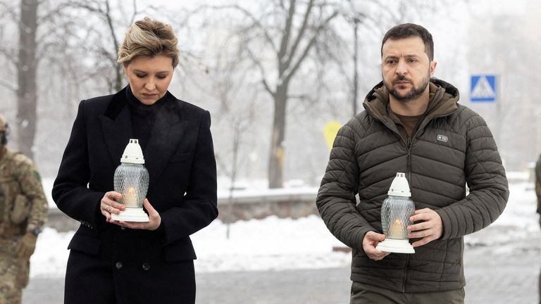 Volodymyr Zelenskyy and his wife Olena Zelenska attend a commemoration ceremony for people killed during pro-EU demonstrations in Ukraine in 2014