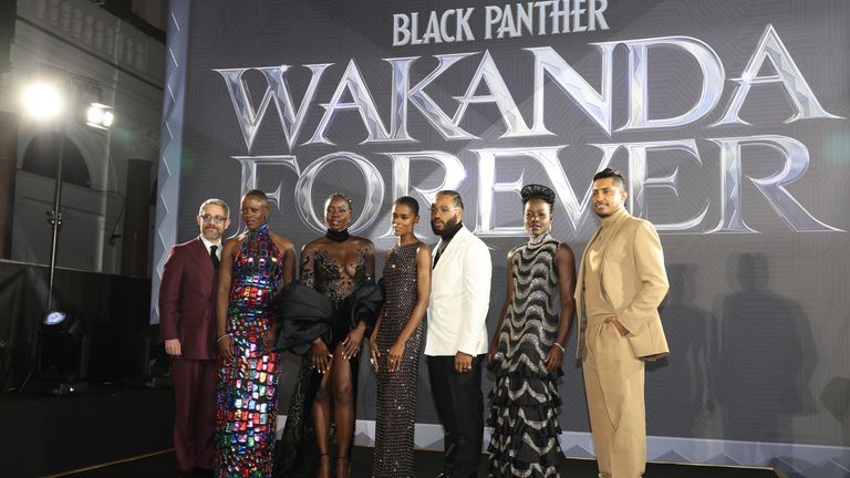 (left to right) Martin Freeman, Florence Kasumba, Danai Gurira , Letitia Wright, Ryan Coogler, Lupita Nyong'o and Tenoch Huerta at premiere of Black Panther: Wakanda Forever in Leicester Square