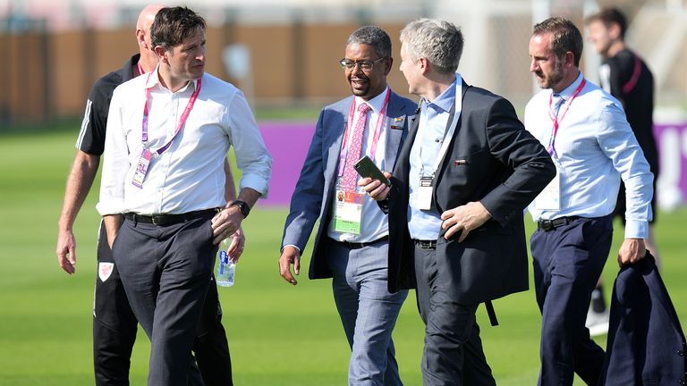 Minister for the Economy of Wales, Vaughan Gething (centre) during a training session at the Al Sadd Sports Club in Doha, Qatar. 