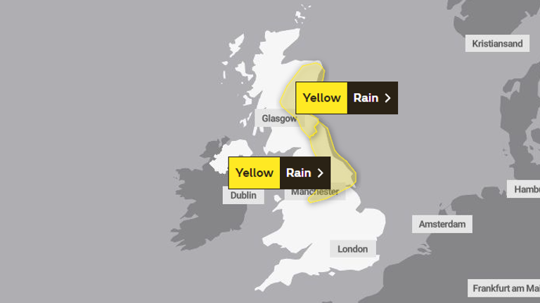 A yellow weather warning has been issued for the east of Scotland and northeast England