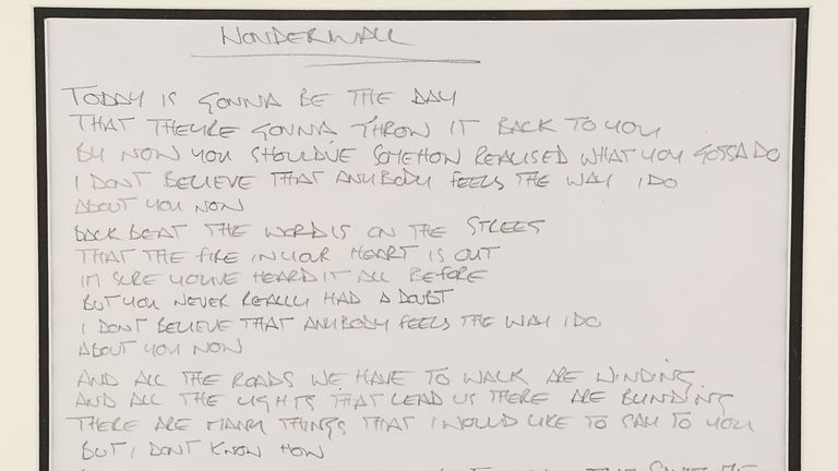 Undated handout photo issued by Propstore of the lyrics for Wonderwall handwritten by Noel Gallagher for his former band Oasis