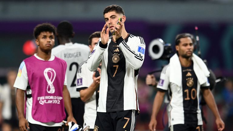 Germany&#39;s Kai Havertz looks dejected as he applauds fans after the match 
