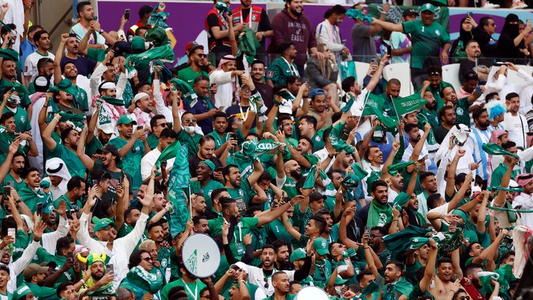 Saudi fans cheer during the World Cup match against Argentina.  Photo: Yukihito Taguchi-USA TODAY Sports/Reuters