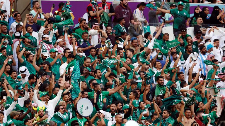 Saudi Arabia fans cheer at World Cup match against Argentina. Pic: Yukihito Taguchi-USA TODAY Sports/Reuters
