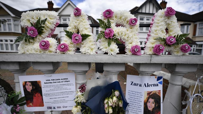 Flowers are left after a vigil for Zara Aleena