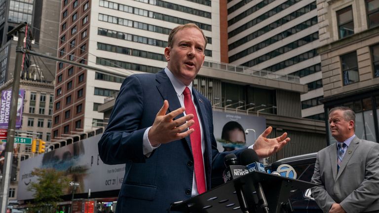 New York Congressman and Republican New York gubernatorial candidate Li Zeldin holds a press conference