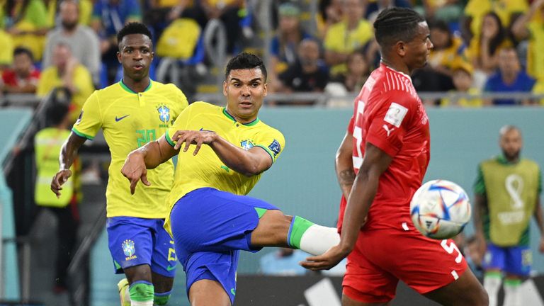 Casemiro crashes home Brazil&#39;s opening goal against Switzerland
