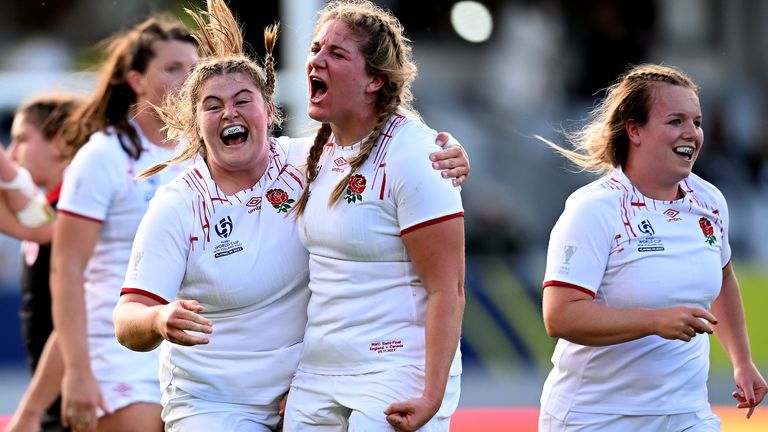 Maud Muir and Poppy Cleall celebrate England winning the Rugby World Cup semi-final against Canada