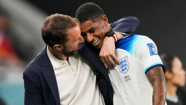 Gareth Southgate embraces Marcus Rashford as the striker is substituted