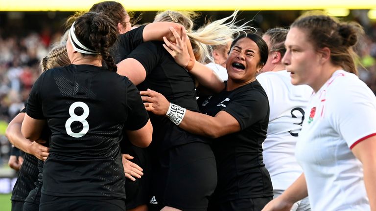 New Zealand celebrate a try against England in the Women&#39;s Rugby World Cup final