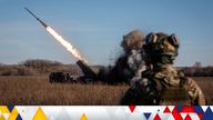 Ukrainian servicemen fire with a Bureviy multiple launch rocket system at a position in Donetsk region 