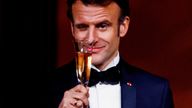 France&#39;s President Emmanuel Macron makes a toast, as the Bidens host the Macrons for a State Dinner at the White House, in Washington 