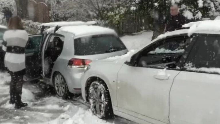 Cars slid into each other on an icy road