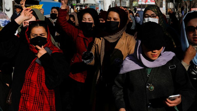 Afghan women chant slogans in protest against the closure of universities to women by the Taliban in Kabul, Afghanistan 
