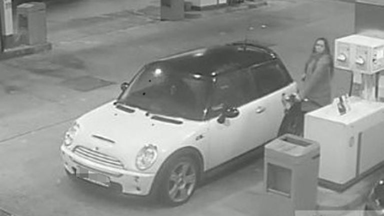 image of a mini belonging to Alexandra Morgan at a petrol station which was shown in the court case of Mark Brown who has been found guilty at Hove Crown Court of murdering escorts Leah Ware and Alexandra Morgan