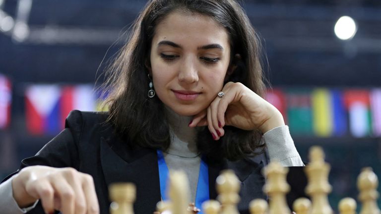 Chess - FIDE World Rapid and Blitz Championships - Rapid Women - Almaty, Kazakhstan - December 28, 2022. Sara Khadem of Iran plays against Olga Girya of Russia. REUTERS/Pavel Mikheyev
