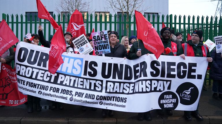 Ambulance workers on the picket line outside ambulance headquarters in Coventry