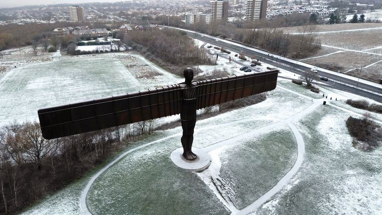 A general view of the Angel of the North in Gateshead. Snow and ice have swept across parts of the UK, with cold wintry conditions set to continue for days. Picture date: Monday December 12, 2022.
