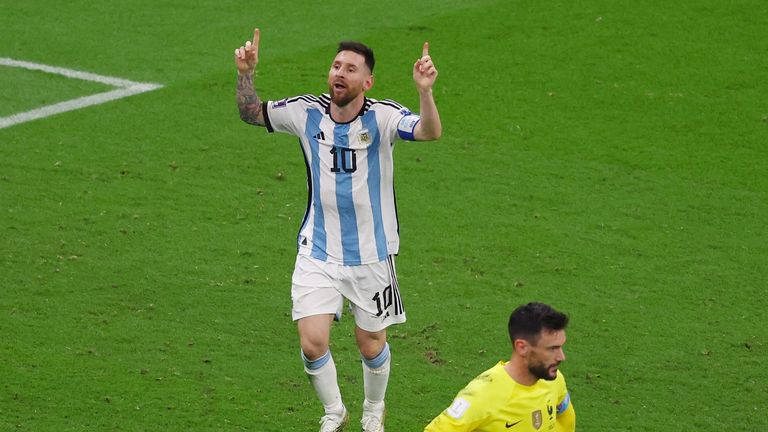 Soccer Football - FIFA World Cup Qatar 2022 - Final - Argentina v France - Lusail Stadium, Lusail, Qatar - December 18, 2022 Argentina&#39;s Lionel Messi celebrates scoring their third goal REUTERS/Paul Childs
