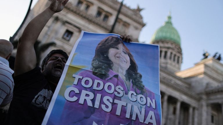 A supporter of Argentine Vice President Cristina Fernandez de Kirchner protests outside the National Congress after a federal court found her guilty in a corruption case, in Buenos Aires, Argentina December 6, 2022. REUTERS/Agustin Marcarian