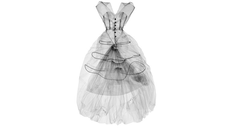 X-ray photograph of evening dress, silk taffeta, Cristóbal Balenciaga, Paris, 1954. X-ray by Nick Veasey, 2016 
Pic: Nick Veasey