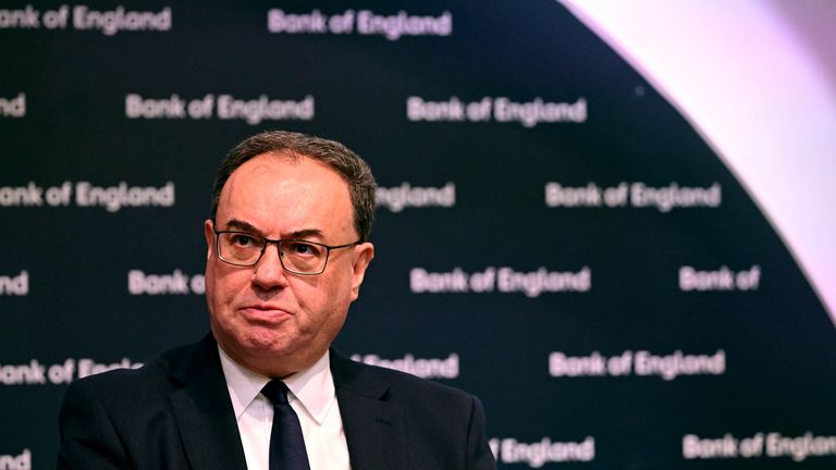 Governor of the Bank of England Andrew Bailey looks on during the Bank of England&#39;s financial stability report press conference, at the Bank of England
PIC:AP