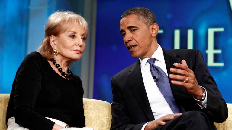 FILE PHOTO: U.S. President Barack Obama talks with Barbara Walters as he appears on the daytime TV talk show "The View" in New York City July 28, 2010. REUTERS/Kevin Lamarque /File Photo